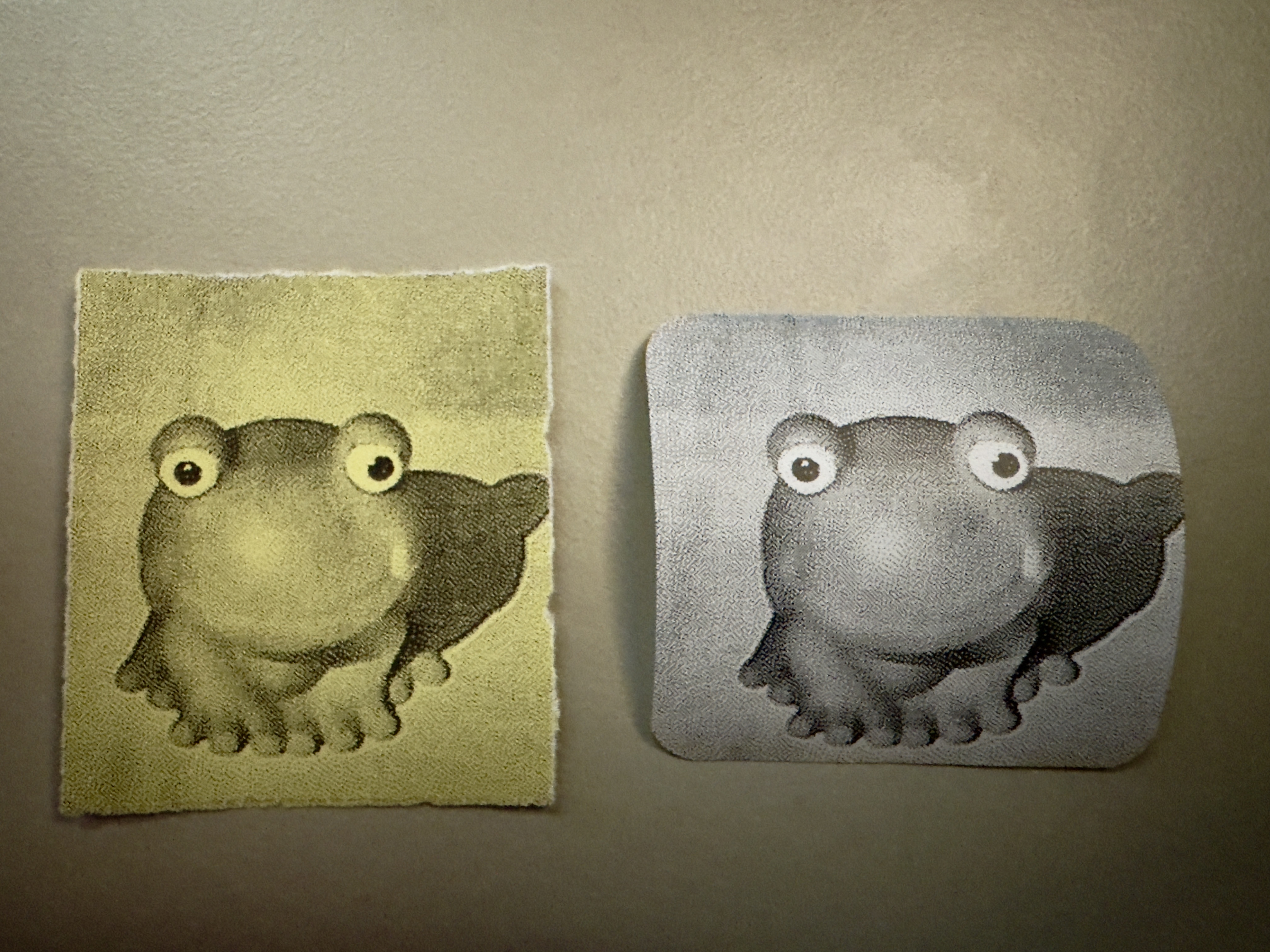 Photo of little plastic frog on yellow paper and as a round-cornered sticker